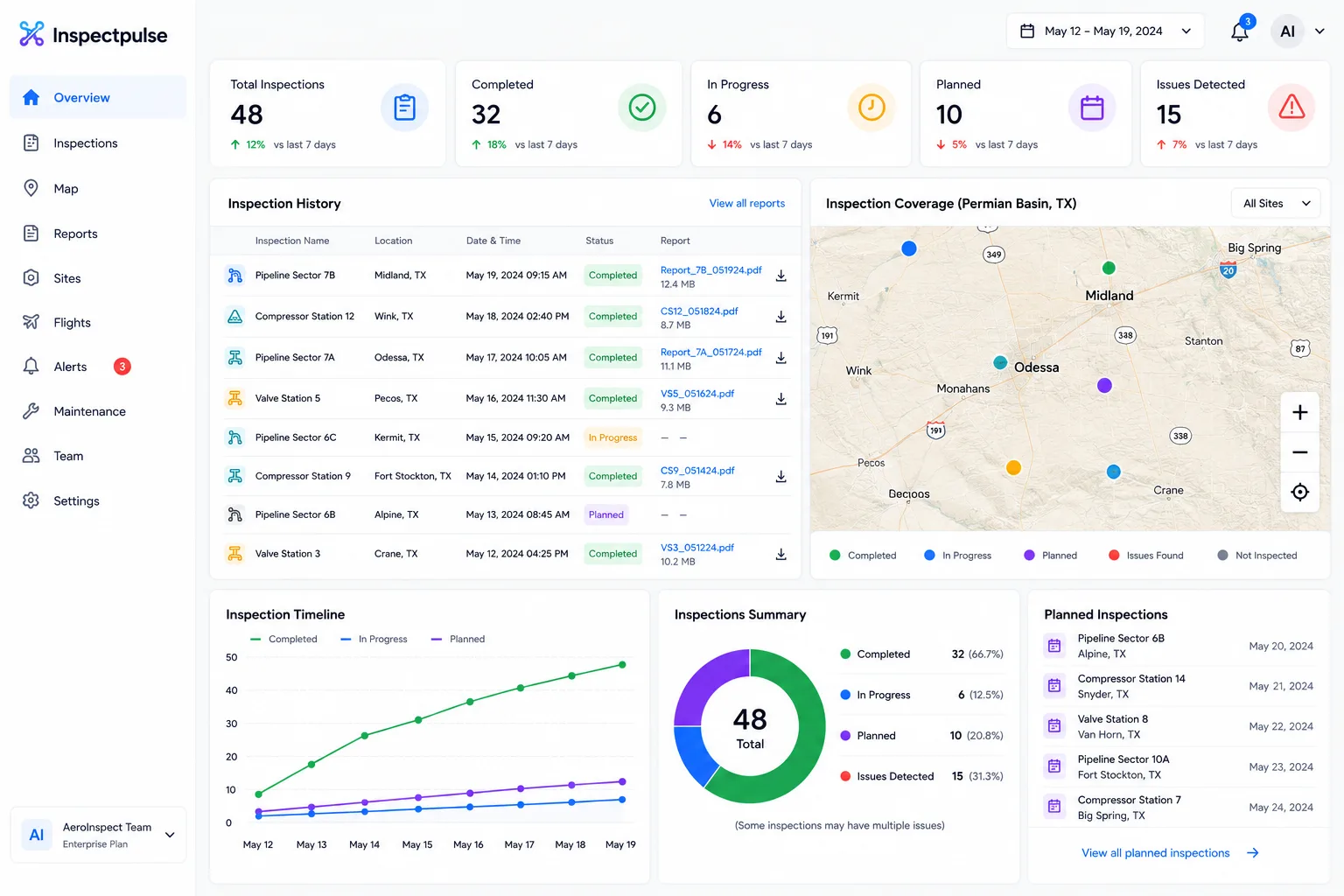 Inspection dashboard with site map, inspection history, and summary