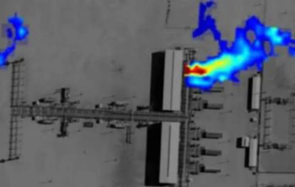 Gas plume detected and shown as a heat map over a facility