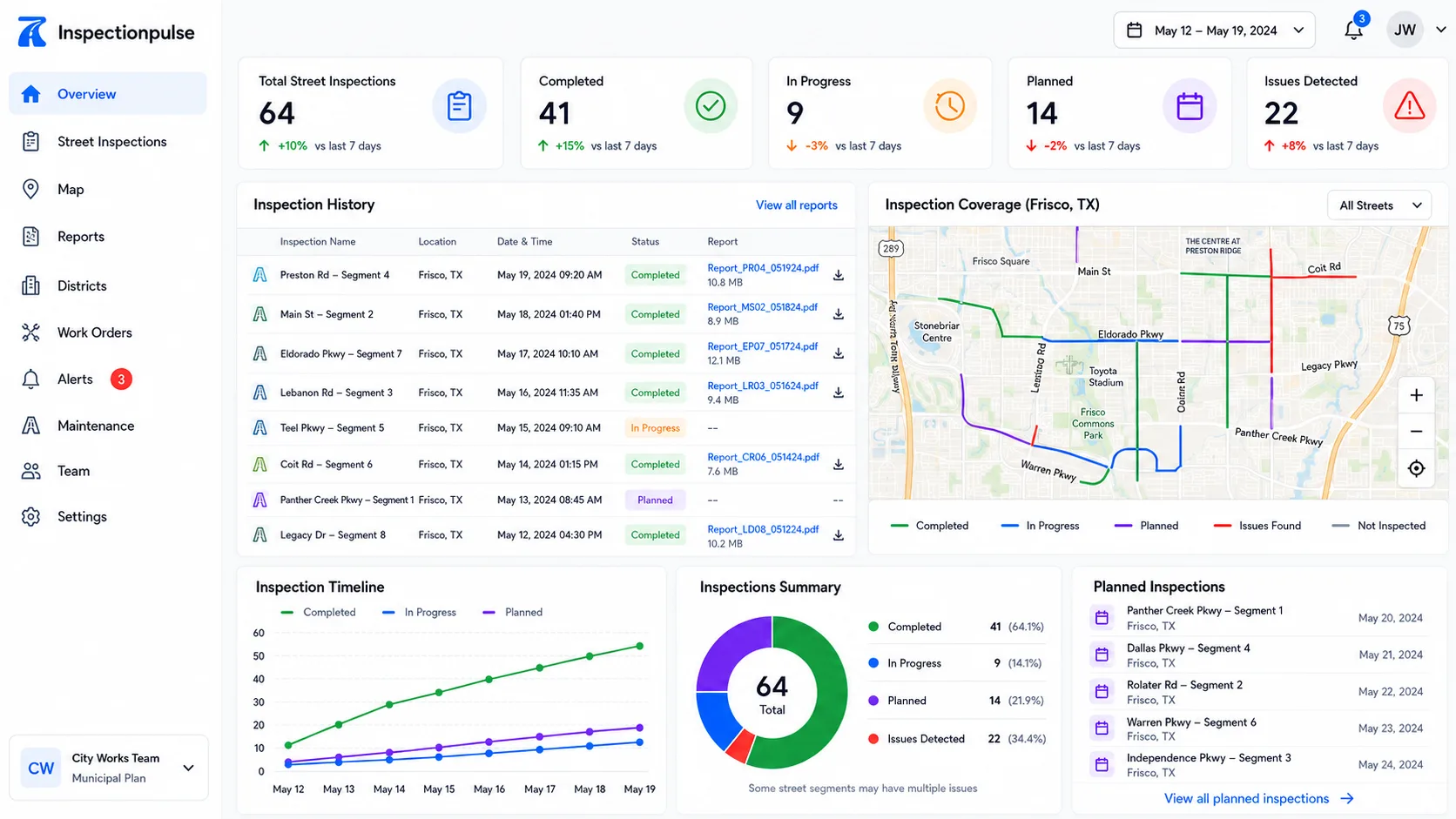 Inspection dashboard with stats, coverage map, and inspection history